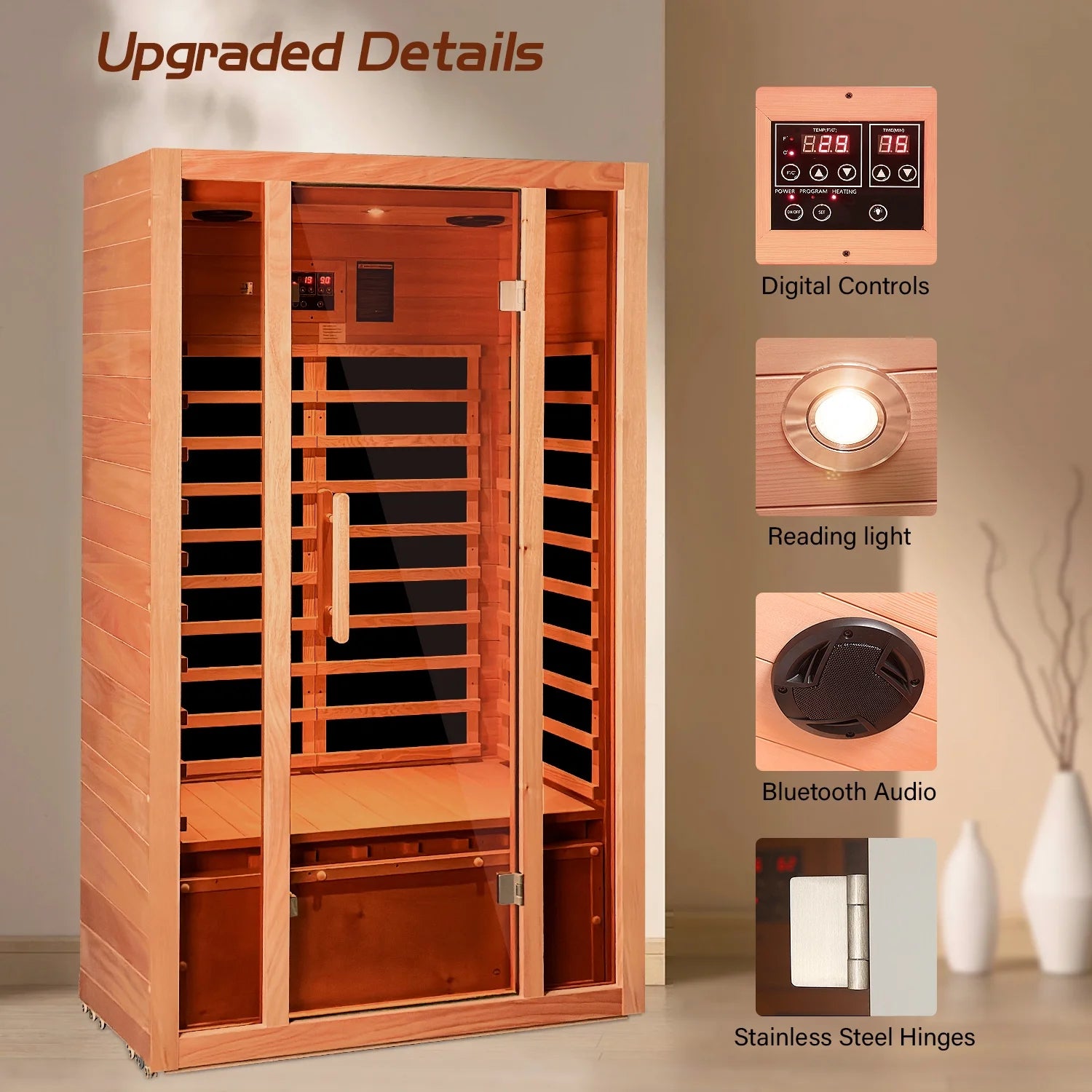 2 Person Extendable FAR Infrared Sauna for Home, Hemlock Wood Low EMF 6 Carbon Heaters Indoor Saunas with LED Lights, Bluetooth Speaker, Digital Control Panel, and Seating Bench