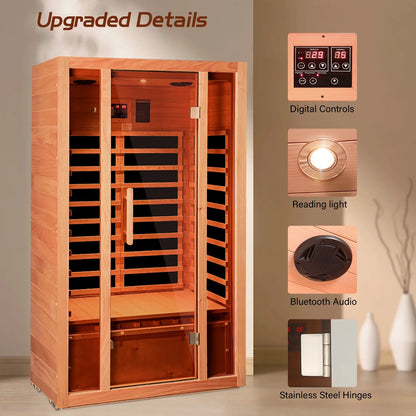 2 Person Extendable FAR Infrared Sauna for Home, Hemlock Wood Low EMF 6 Carbon Heaters Indoor Saunas with LED Lights, Bluetooth Speaker, Digital Control Panel, and Seating Bench