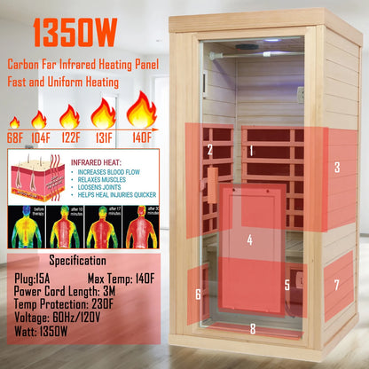 1 Person Sauna Room Far Infrared Canadian Hemlock Wood Sauna Cabinet Home Spa